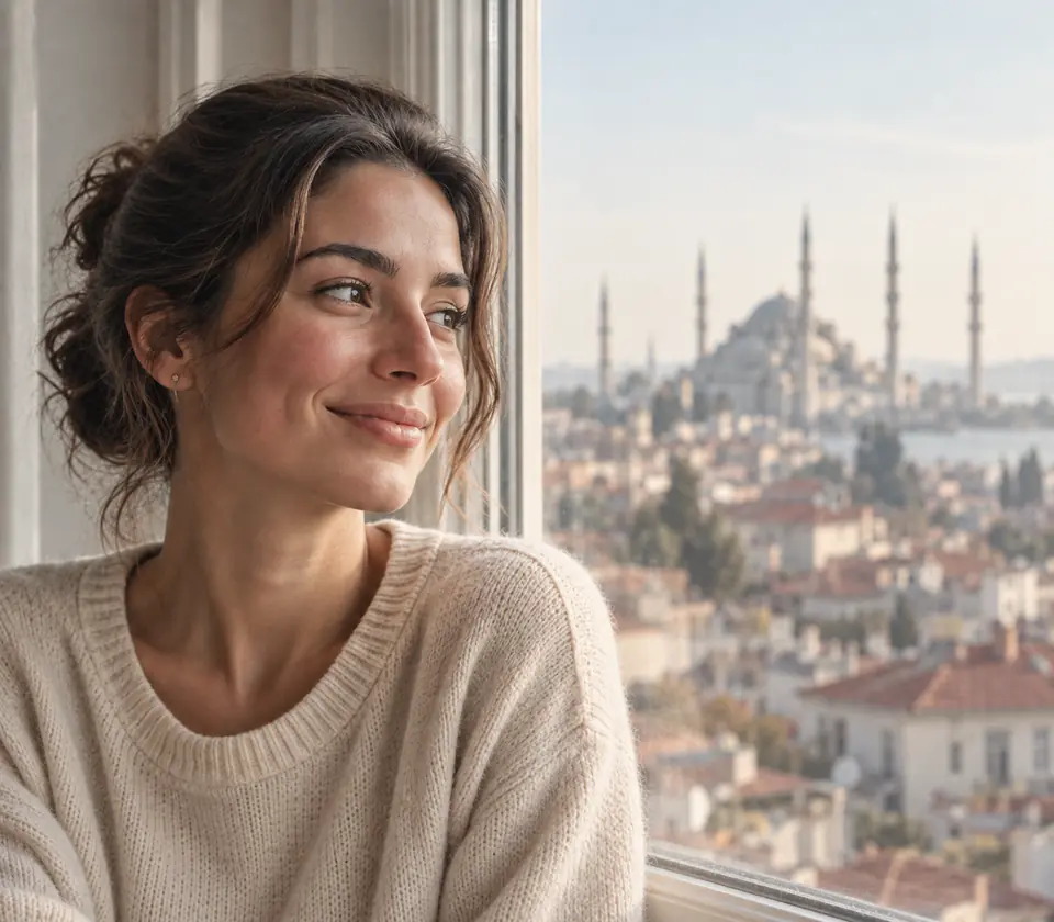 Eine lächelnde Frau an einem Fenster, hinter ihr die Dächer von Istanbul.